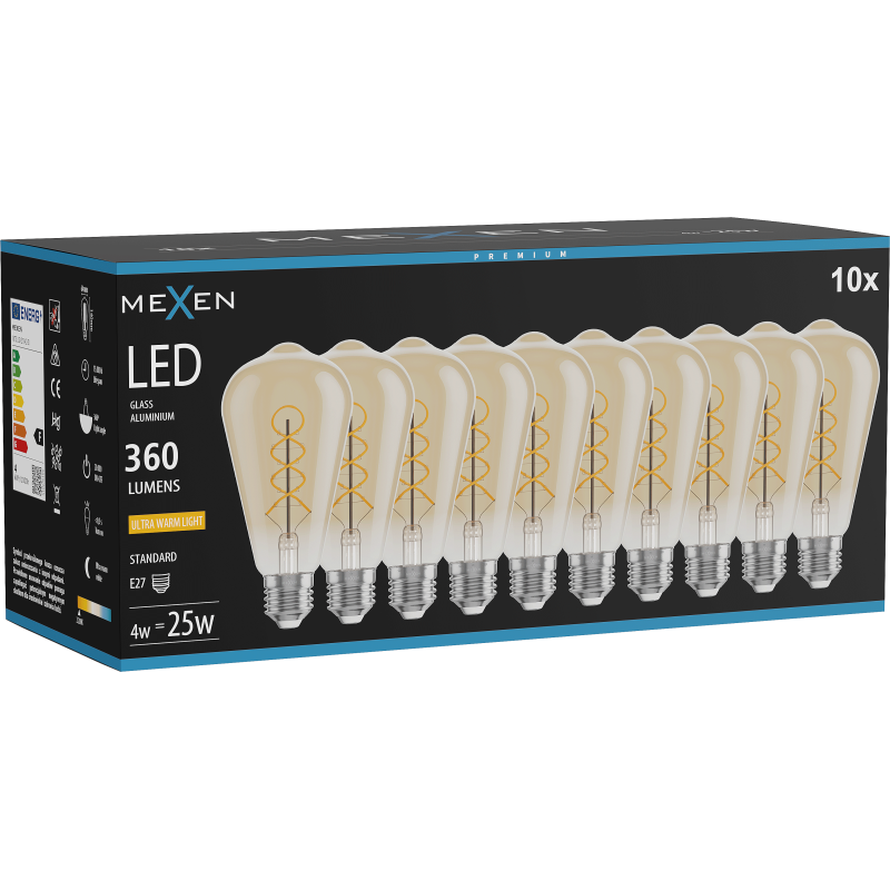 Mexen Vintis 10x Žárovka filament spirála LED E27, ST64, 4W, Teplá - 2200K, 360 lm, jantarová - L162-E27-0422-50x10