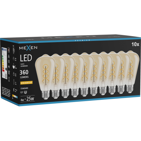 Mexen Vintis 10x Žárovka filament spirála LED E27, ST64, 4W, Teplá - 2200K, 360 lm, jantarová - L162-E27-0422-50x10