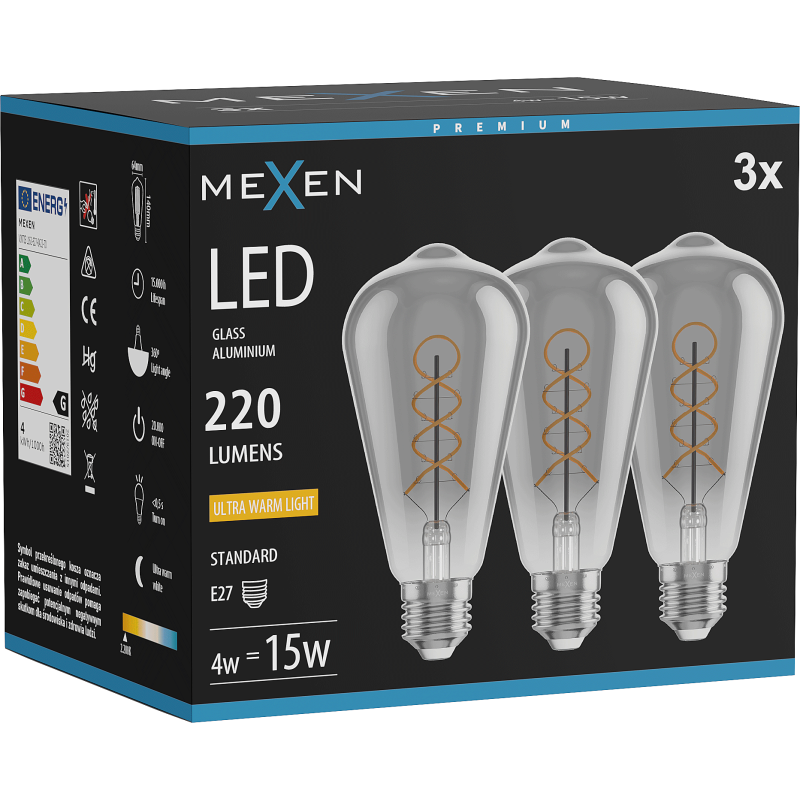 Mexen Vintis 3x Žárovka filament spirála LED E27, ST64, 4W, Teplá - 2200K, 220 lm, kouřová - L162-E27-0422-70x03