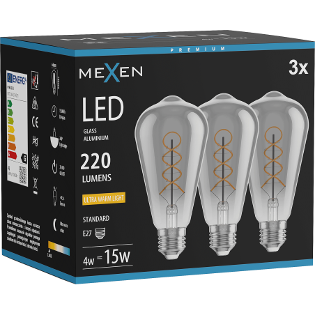 Mexen Vintis 3x Žárovka filament spirála LED E27, ST64, 4W, Teplá - 2200K, 220 lm, kouřová - L162-E27-0422-70x03