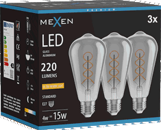 Mexen Vintis 3x Žárovka filament spirála LED E27, ST64, 4W, Teplá - 2200K, 220 lm, kouřová - L162-E27-0422-70x03