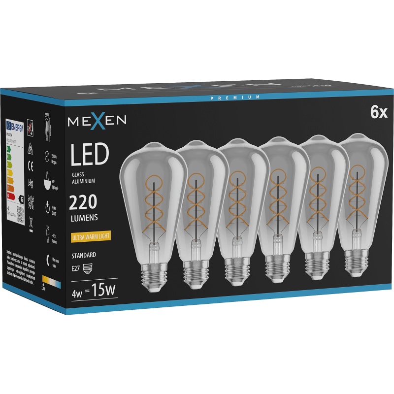Mexen Vintis 6x žárovka filament spirála LED E27, ST64, 4W, Teplá - 2200K, 220 lm, smoke - L162-E27-0422-70x06