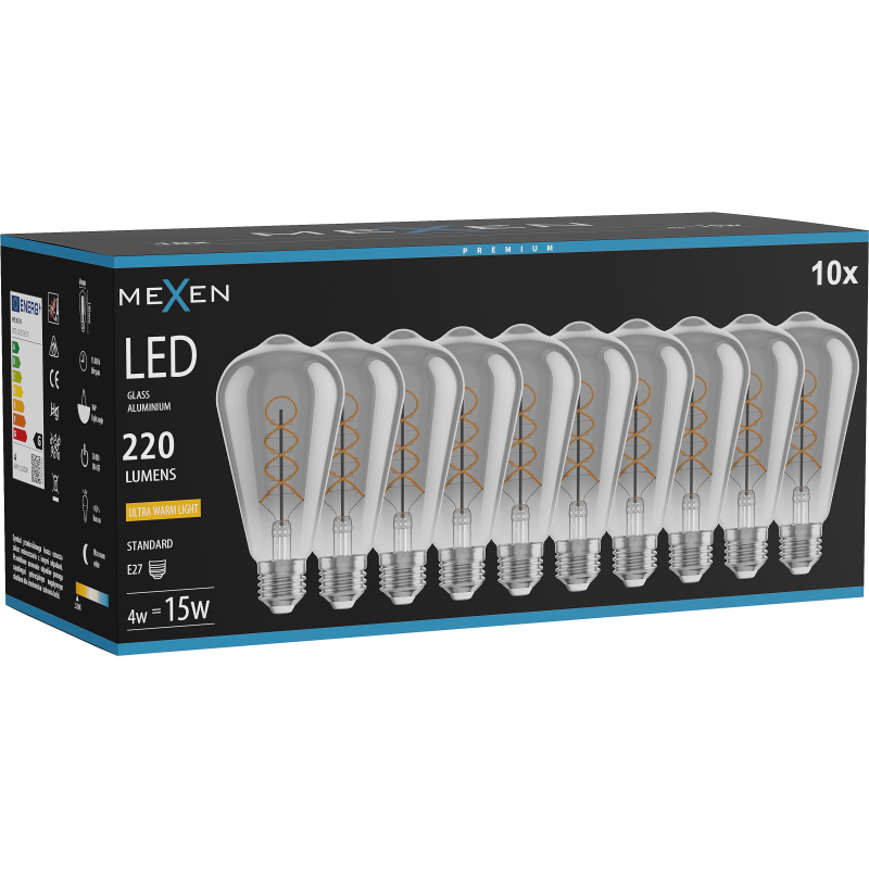 Mexen Vintis 10x žárovka filament spirála LED E27, ST64, 4W, Teplá - 2200K, 220 lm, smoke - L162-E27-0422-70x10