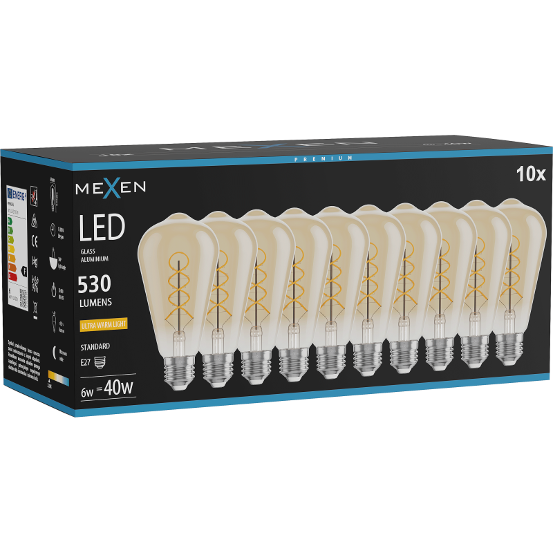 Mexen Vintis 10x Žárovka filament spirála LED E27, ST64, 6W, Teplá - 2200K, 530 lm, jantarová - L162-E27-0622-50x10
