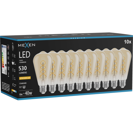 Mexen Vintis 10x Žárovka filament spirála LED E27, ST64, 6W, Teplá - 2200K, 530 lm, jantarová - L162-E27-0622-50x10