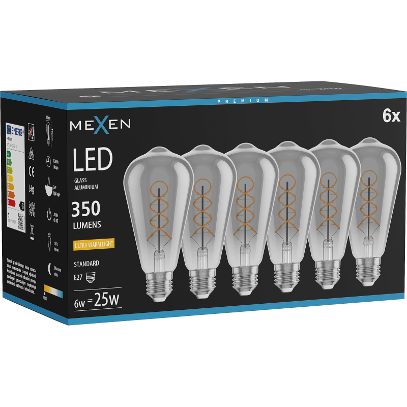 Mexen Vintis 6x Žárovka filament spirála LED E27, ST64, 6W, Teplá - 2200K, 350 lm, kouřová - L162-E27-0622-70x06