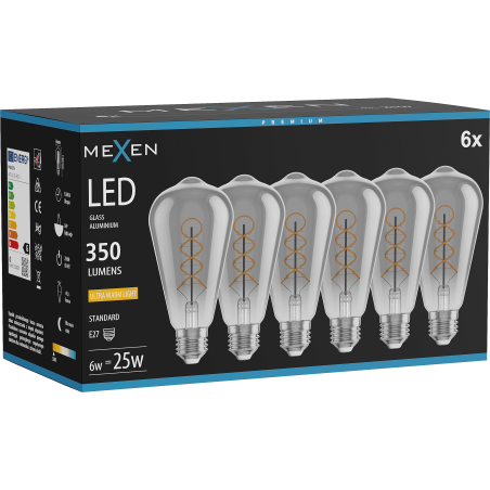 Mexen Vintis 6x Žárovka filament spirála LED E27, ST64, 6W, Teplá - 2200K, 350 lm, kouřová - L162-E27-0622-70x06
