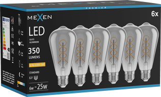 Mexen Vintis 6x Žárovka filament spirála LED E27, ST64, 6W, Teplá - 2200K, 350 lm, kouřová - L162-E27-0622-70x06