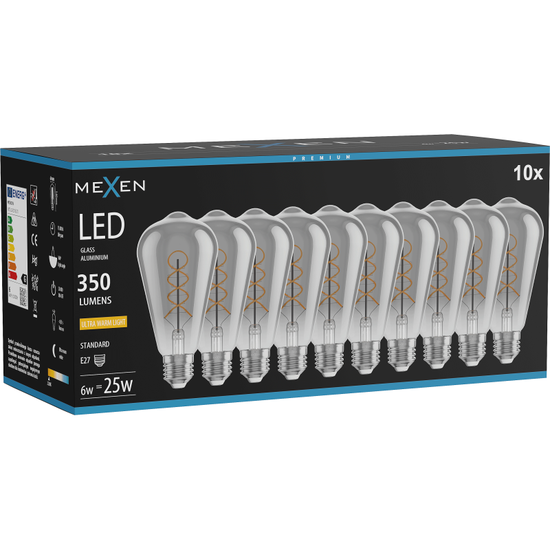 Mexen Vintis 10x žárovka filament spirála LED E27, ST64, 6W, Teplá - 2200K, 350 lm, kouřová - L162-E27-0622-70x10