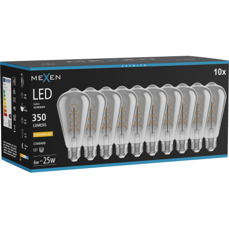 Mexen Vintis 10x žárovka filament spirála LED E27, ST64, 6W, Teplá - 2200K, 350 lm, kouřová - L162-E27-0622-70x10