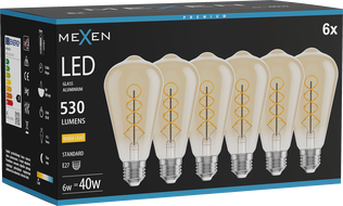 Mexen Vintis 6x Žárovka filament spirála LED E27, ST64, 6W, Teplá - 2700K, 530 lm, jantarová - L162-E27-0627-50x06