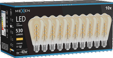 Mexen Vintis 10x žárovka filament spirála LED E27, ST64, 6W, Teplá - 2700K, 530 lm, amber - L162-E27-0627-50x10