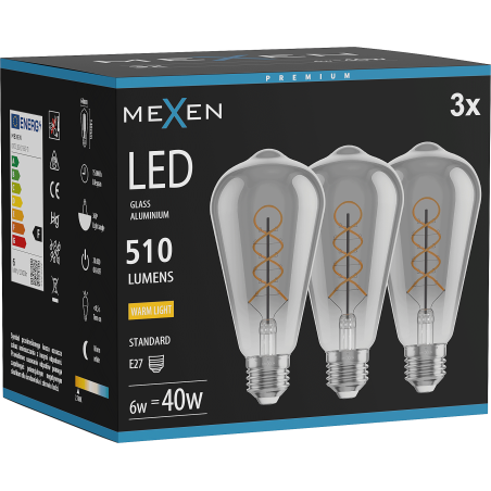 Mexen Vintis 3x Žárovka filament spirála LED E27, ST64, 6W, Teplá - 2700K, 510 lm, kouřová - L162-E27-0627-70x03