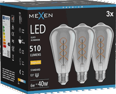 Mexen Vintis 3x Žárovka filament spirála LED E27, ST64, 6W, Teplá - 2700K, 510 lm, kouřová - L162-E27-0627-70x03