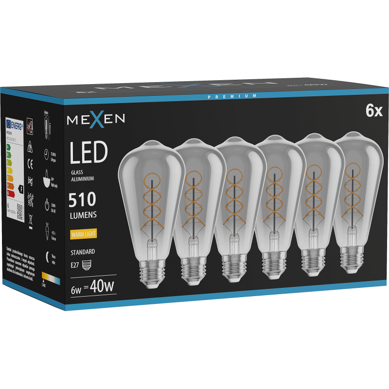 Mexen Vintis 6x žárovka filament spirála LED E27, ST64, 6W, Teplá - 2700K, 510 lm, kouřová - L162-E27-0627-70x06