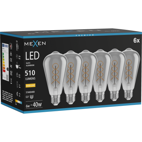 Mexen Vintis 6x žárovka filament spirála LED E27, ST64, 6W, Teplá - 2700K, 510 lm, kouřová - L162-E27-0627-70x06