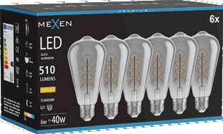 Mexen Vintis 6x žárovka filament spirála LED E27, ST64, 6W, Teplá - 2700K, 510 lm, kouřová - L162-E27-0627-70x06