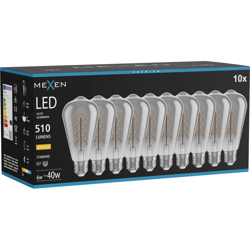 Mexen Vintis 10x žárovka filament spirála LED E27, ST64, 6W, Teplá - 2700K, 510 lm, smoke - L162-E27-0627-70x10
