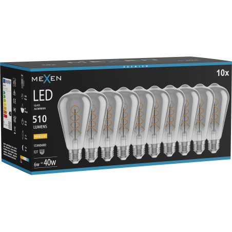 Mexen Vintis 10x žárovka filament spirála LED E27, ST64, 6W, Teplá - 2700K, 510 lm, smoke - L162-E27-0627-70x10