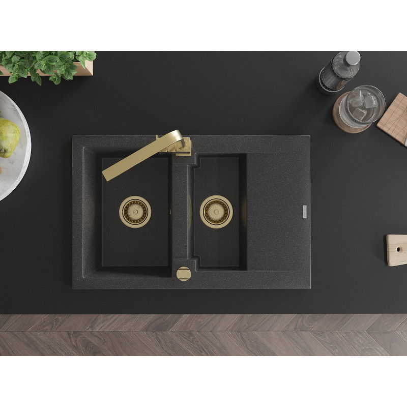 Mexen Gaspar granitový dřez 1,5-komorový s odkapávačem a kuchyňskou baterií Rita, černý skvrnitý - 6507-76-670300-50