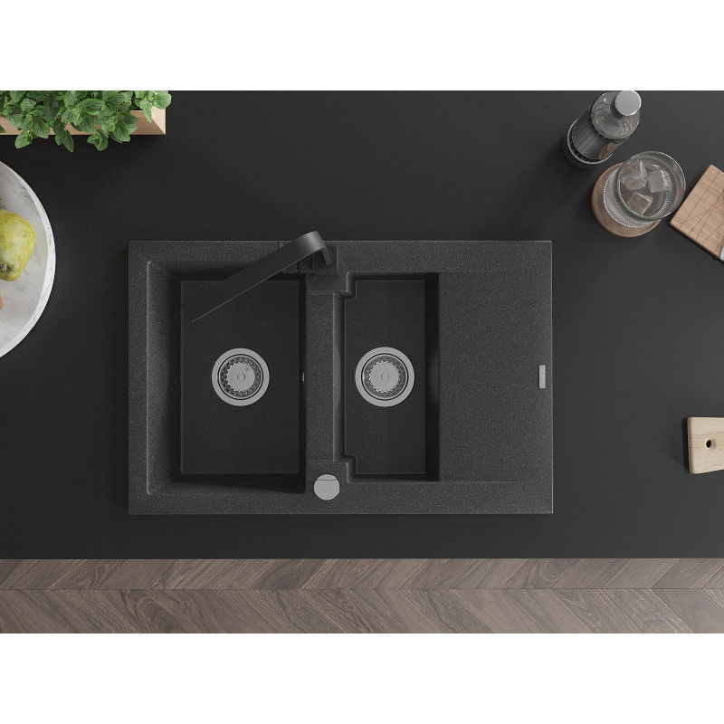 Mexen Gaspar granitový dřez 1,5-komorový s odkapávačem a kuchyňskou baterií Rita, černý skvrnitý - 6507-76-670300-70