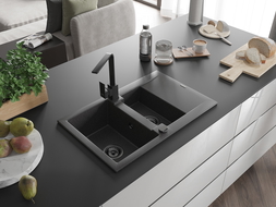 Mexen Gaspar granitový dřez 1,5-komorový s odkapávačem a kuchyňskou baterií Rita, černý kropenatý - 6507-76-670300-70-B