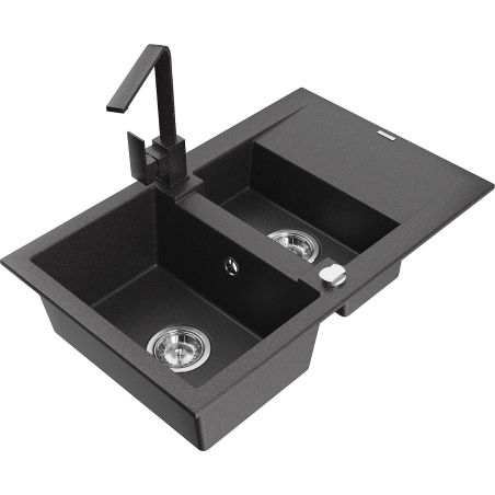 Mexen Gaspar granitový dřez 1,5komorový s odkapávačem a kuchyňskou baterií Rita, černý skvrnitý - 6507-76-670300-76