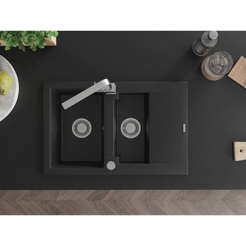 Mexen Gaspar granitový dřez 1,5komorový s odkapávačem a kuchyňskou baterií Rita, černý - 6507-77-670300-00