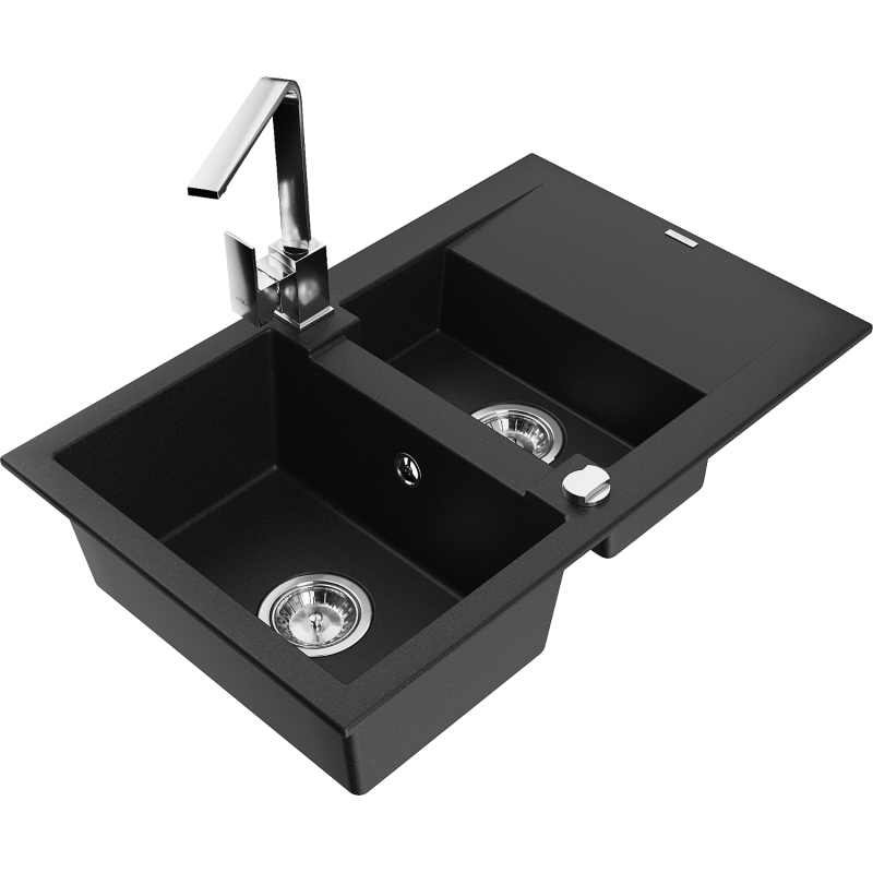 Mexen Gaspar granitový dřez 1,5komorový s odkapávačem a kuchyňskou baterií Rita, černý - 6507-77-670300-00