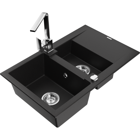 Mexen Gaspar granitový dřez 1,5komorový s odkapávačem a kuchyňskou baterií Rita, černý - 6507-77-670300-00