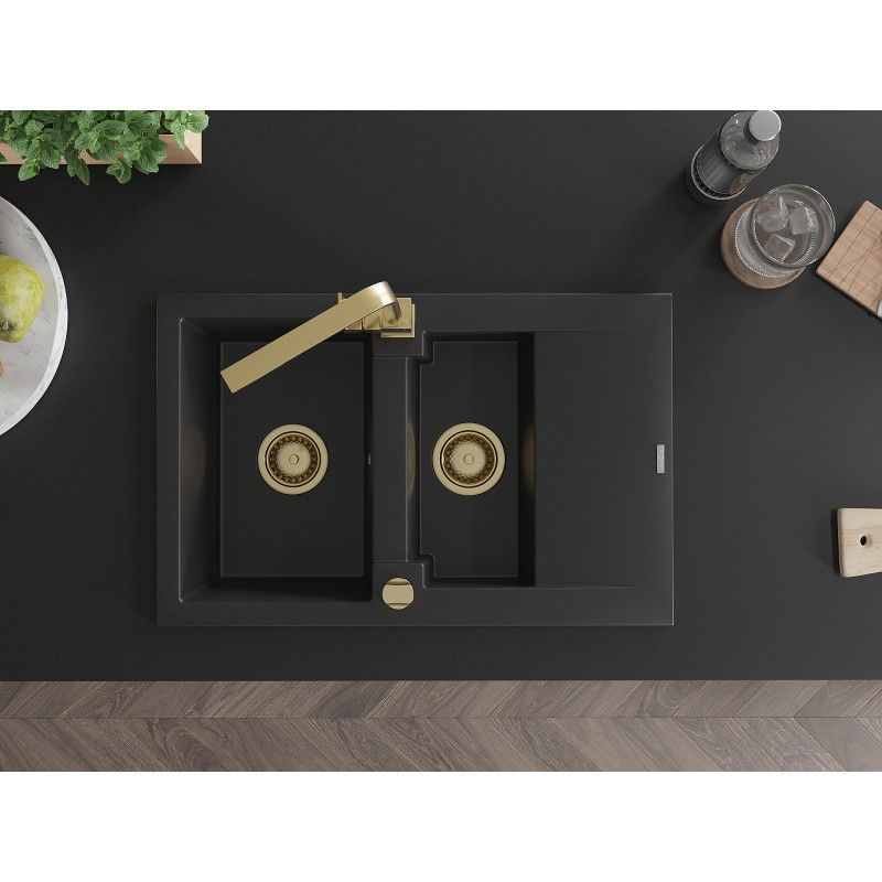 Mexen Gaspar granitový dřez 1,5-komorový s odkapávačem a kuchyňskou baterií Rita, černý - 6507-77-670300-50