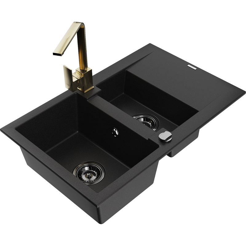 Mexen Gaspar granitový dřez 1,5-komorový s odkapávačem a kuchyňskou baterií Rita, černý - 6507-77-670300-50-B