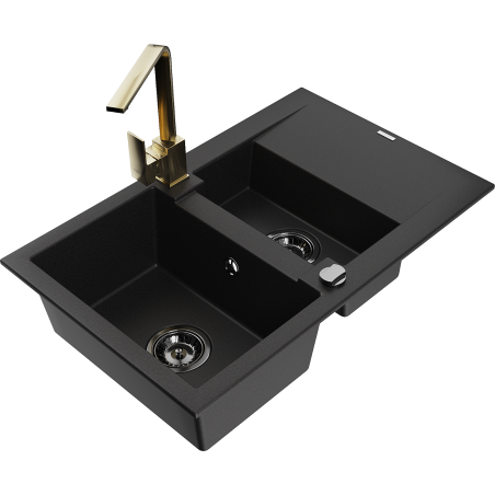 Mexen Gaspar granitový dřez 1,5-komorový s odkapávačem a kuchyňskou baterií Rita, černý - 6507-77-670300-50-B