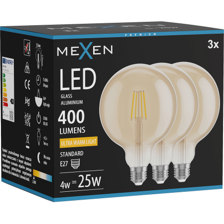 Mexen Vintis 3x Žárovka filament LED E27, G125, 4W, Teplá - 2200K, 400 lm, amber - L158-E27-0422-50x03