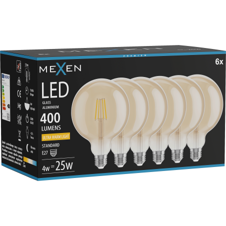 Mexen Vintis 6x LED filament žárovka E27, G125, 4W, Teplá - 2200K, 400 lm, jantar - L158-E27-0422-50x06