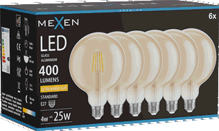 Mexen Vintis 6x LED filament žárovka E27, G125, 4W, Teplá - 2200K, 400 lm, jantar - L158-E27-0422-50x06