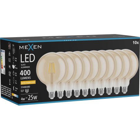 Mexen Vintis 10x LED filamentová žárovka E27, G125, 4W, Teplá - 2200K, 400 lm, jantarová - L158-E27-0422-50x10