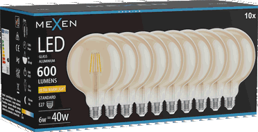 Mexen Vintis 10x žárovka filament LED E27, G125, 6W, Teplá - 2200K, 600 lm, jantarová - L158-E27-0622-50x10