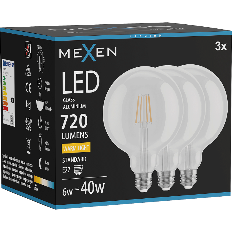 Mexen Vintis 3x Žárovka filament LED E27, G125, 6W, Teplá - 2700K, 720 lm, čirá - L158-E27-0627-00x03