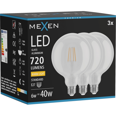 Mexen Vintis 3x Žárovka filament LED E27, G125, 6W, Teplá - 2700K, 720 lm, čirá - L158-E27-0627-00x03