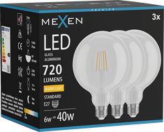 Mexen Vintis 3x Žárovka filament LED E27, G125, 6W, Teplá - 2700K, 720 lm, čirá - L158-E27-0627-00x03