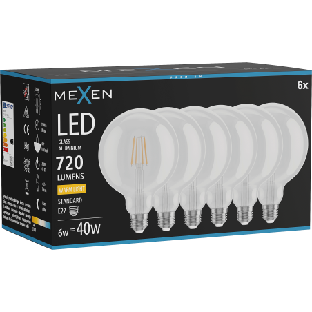Mexen Vintis 6x Žárovka filament LED E27, G125, 6W, Teplá - 2700K, 720 lm, clear - L158-E27-0627-00x06