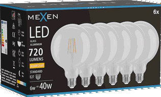 Mexen Vintis 6x Žárovka filament LED E27, G125, 6W, Teplá - 2700K, 720 lm, clear - L158-E27-0627-00x06