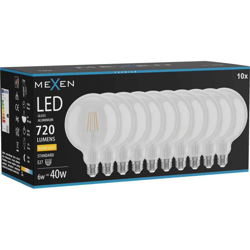 Mexen Vintis 10x žárovka filament LED E27, G125, 6W, Teplá - 2700K, 720 lm, čirá - L158-E27-0627-00x10