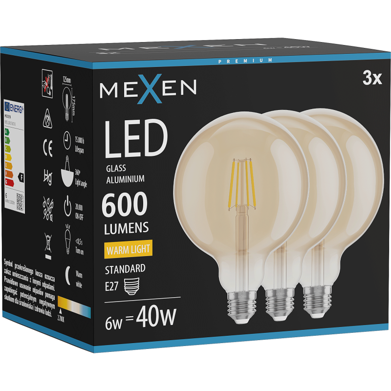 Mexen Vintis 3x LED filamentová žárovka E27, G125, 6W, Teplá - 2700K, 600 lm, jantarová - L158-E27-0627-50x03