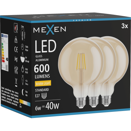 Mexen Vintis 3x LED filamentová žárovka E27, G125, 6W, Teplá - 2700K, 600 lm, jantarová - L158-E27-0627-50x03