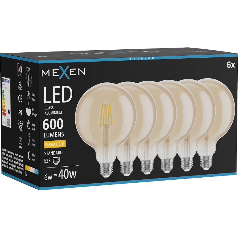 Mexen Vintis 6x žárovka filament LED E27, G125, 6W, Teplá - 2700K, 600 lm, jantarová - L158-E27-0627-50x06