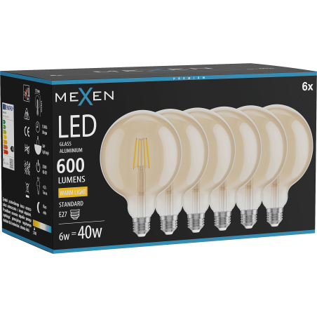 Mexen Vintis 6x žárovka filament LED E27, G125, 6W, Teplá - 2700K, 600 lm, jantarová - L158-E27-0627-50x06