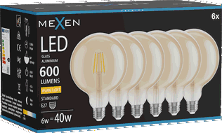 Mexen Vintis 6x žárovka filament LED E27, G125, 6W, Teplá - 2700K, 600 lm, jantarová - L158-E27-0627-50x06