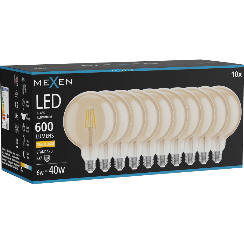 Mexen Vintis 10x žárovka filament LED E27, G125, 6W, Teplá - 2700K, 600 lm, amber - L158-E27-0627-50x10
